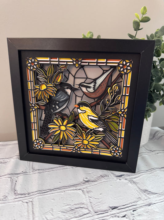 Stained glass bluebird and flowers 3D paper art in a shadowbox