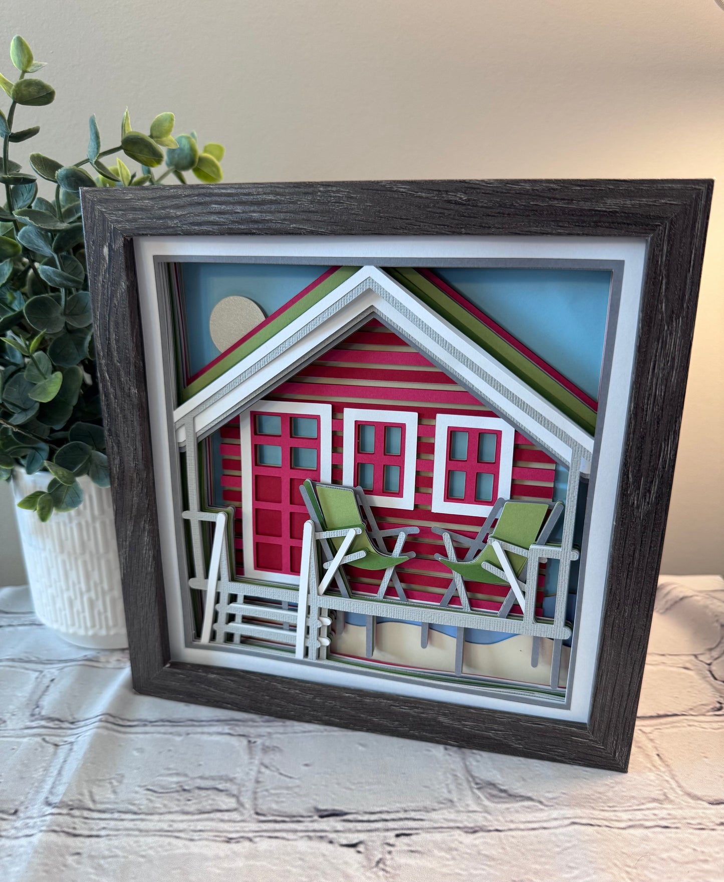 Beach house 3D paper art in a shadowbox