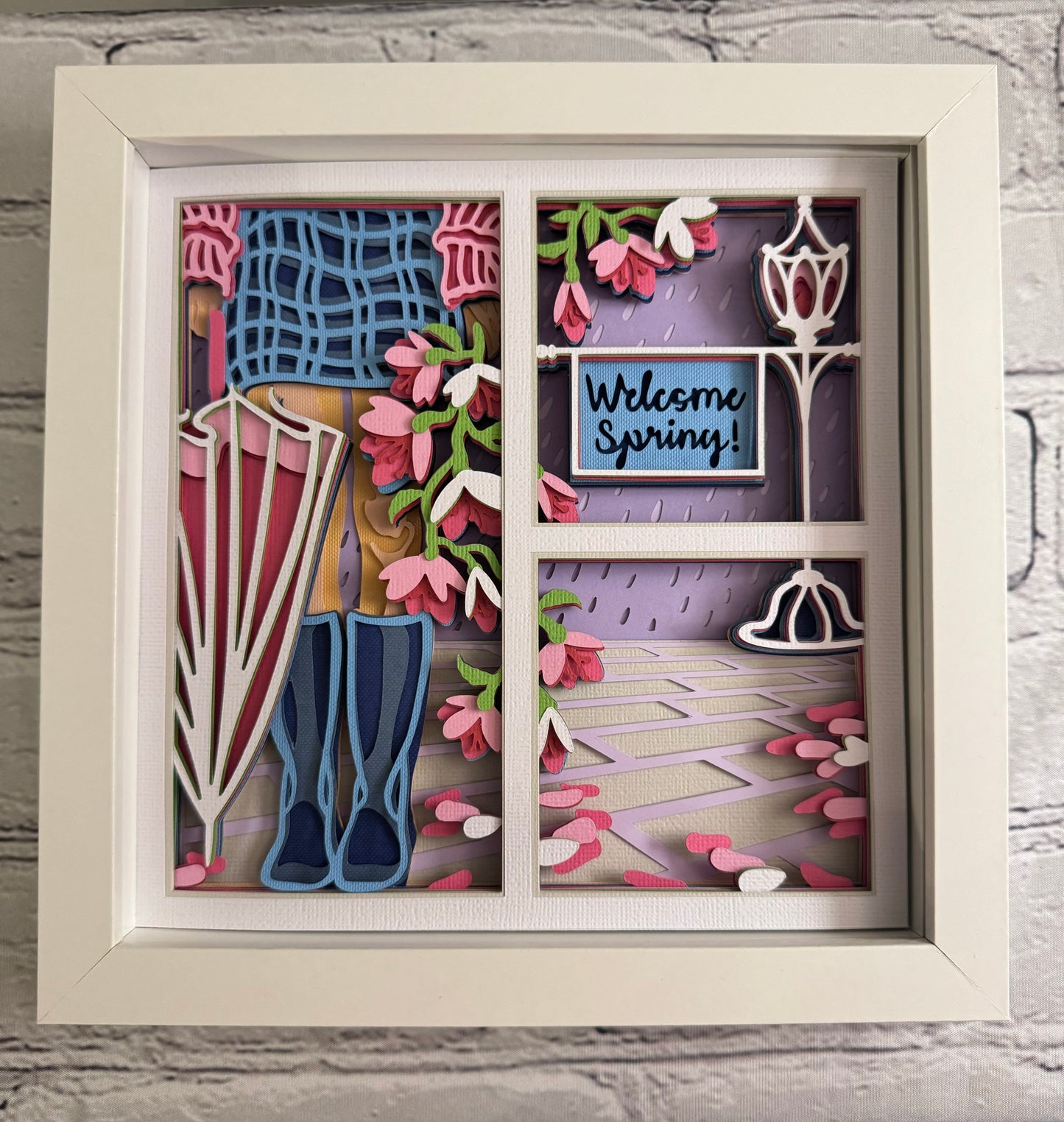 Spring girl with umbrella 3D paper art in a shadowbox