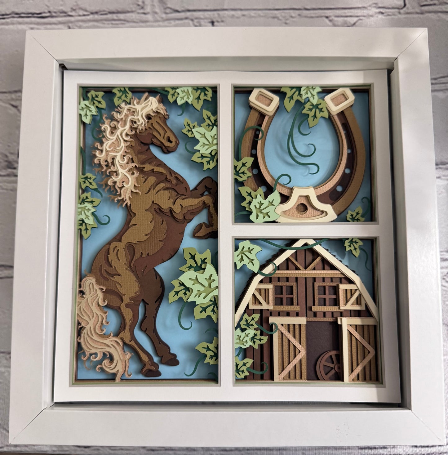 Horse with barn and horseshoe 3D paper art in a shadowbox