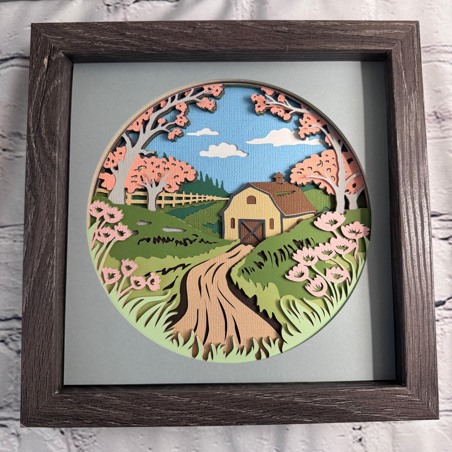 Spring barn 3D paper art in a shadowbox