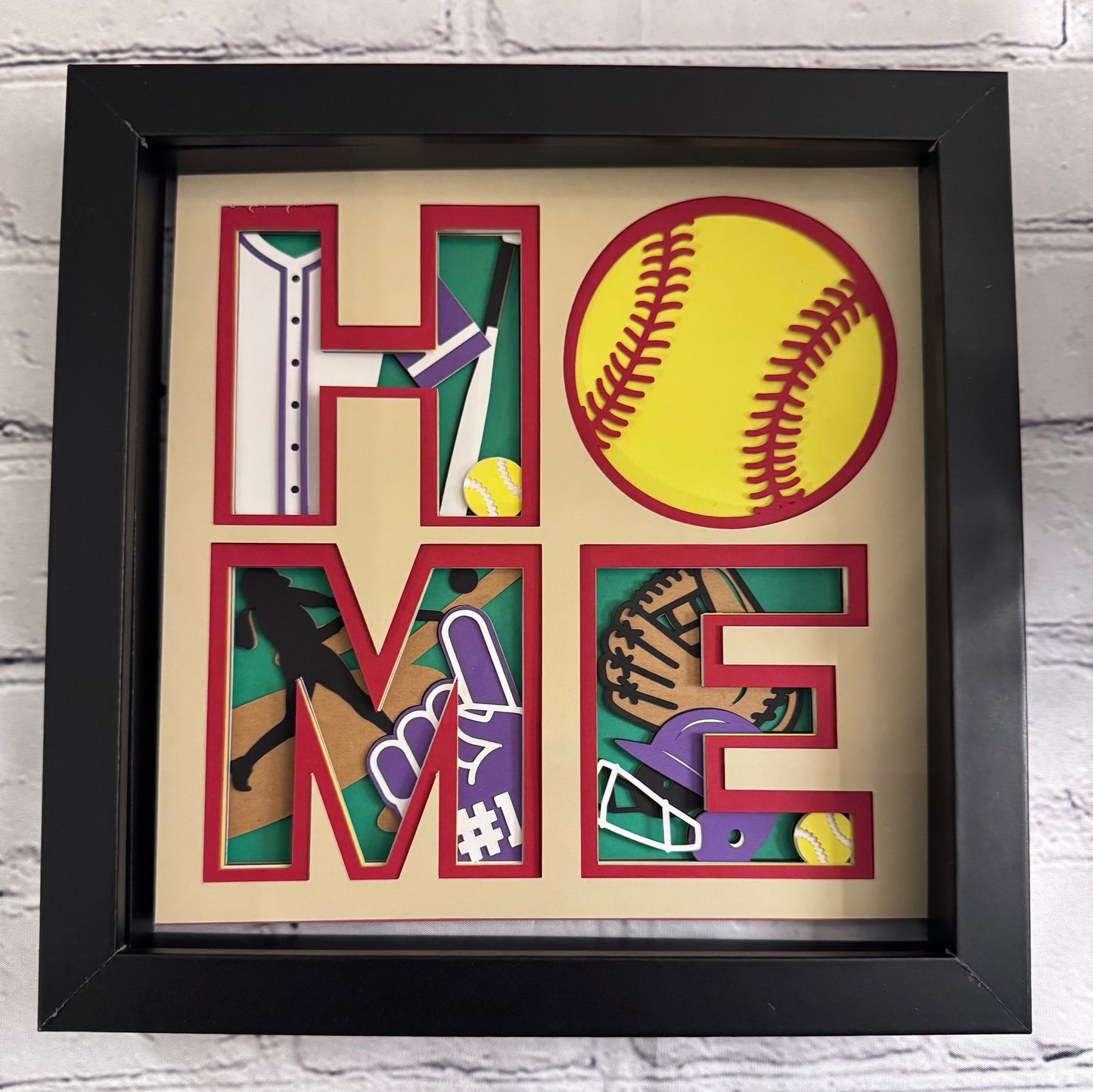 Home- Softball 3D paper art in a shadowbox
