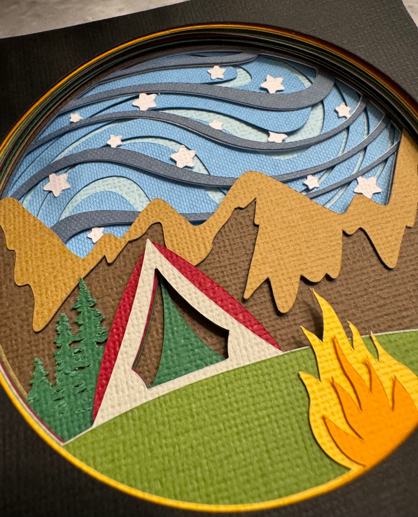 Camping under the stars mini 3D paper art in a shadowbox