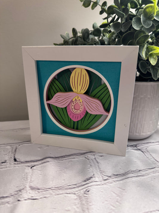 Lady slipper close up mini 3D paper art in a shadowbox