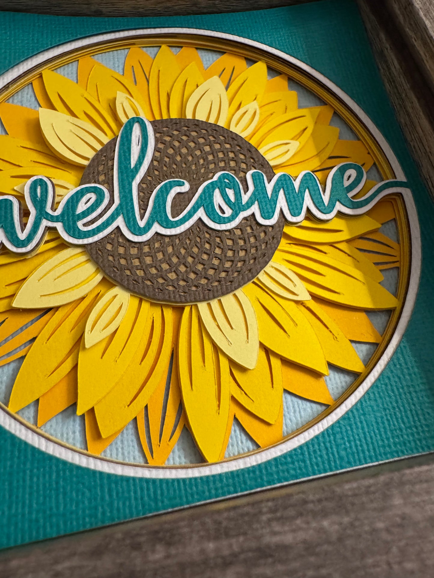 Welcome sunflower mini 3D paper art in a shadowbox