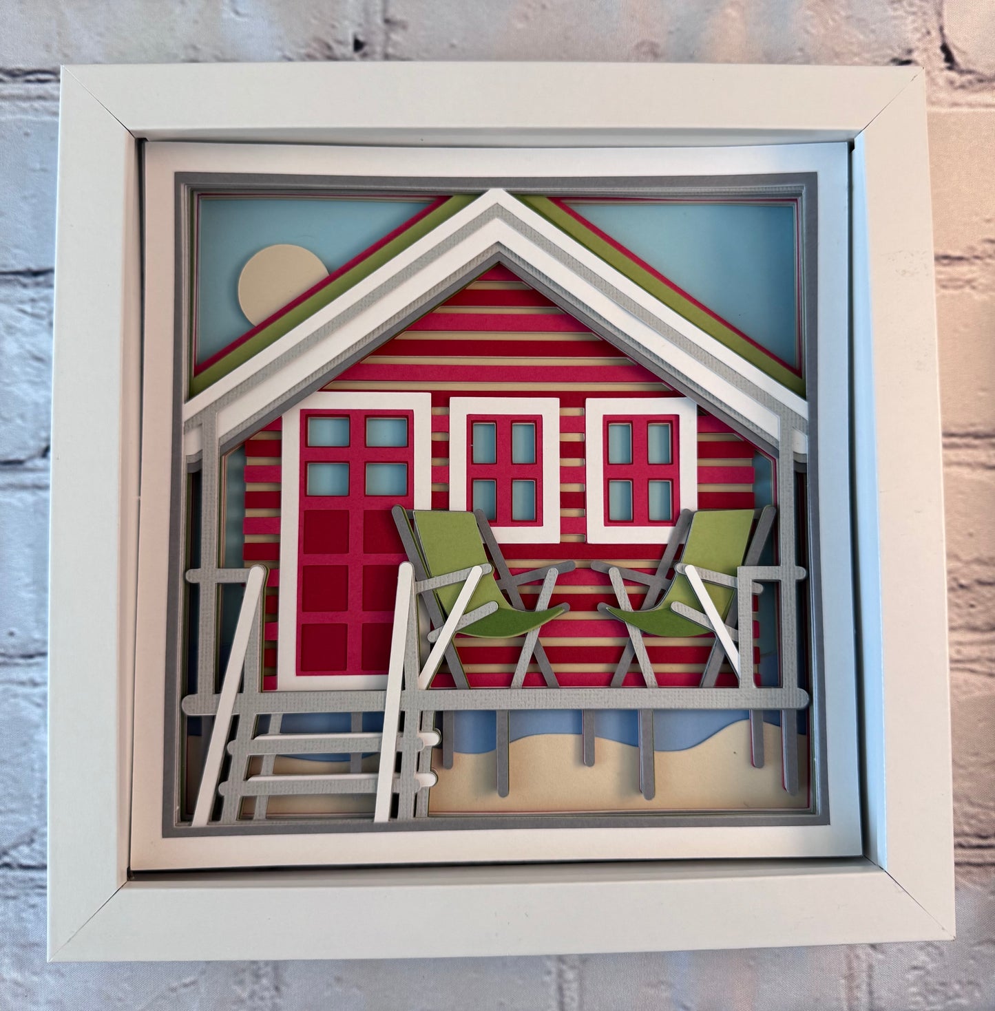 Beach house 3D paper art in a shadowbox