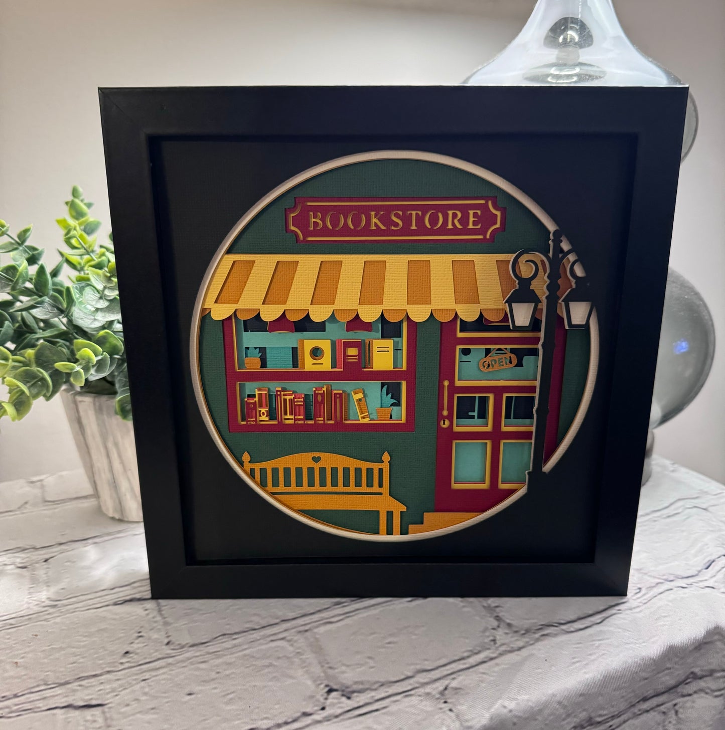 Bookstore 3D paper art in a shadowbox