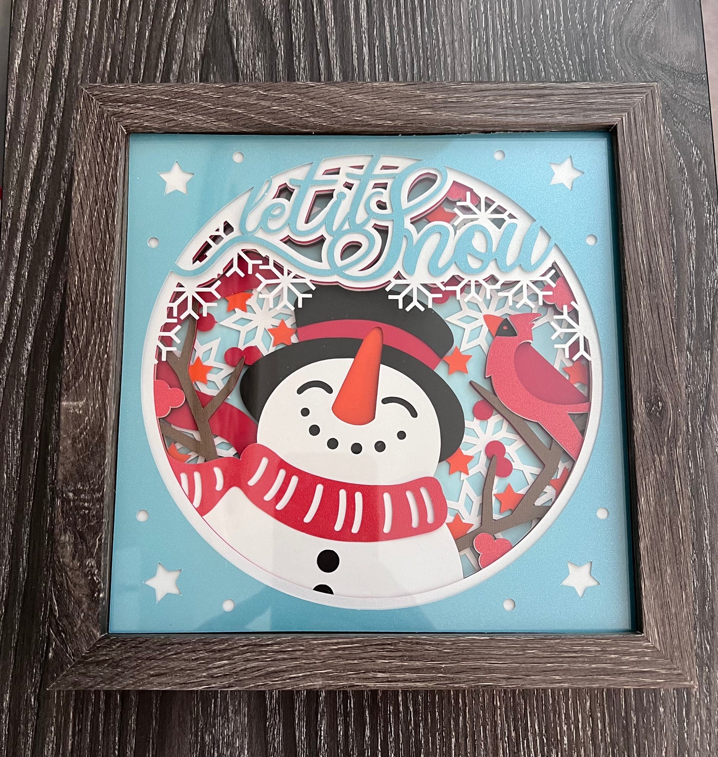 Let it snow snowman and cardinal 3D paper art in a shadowbox