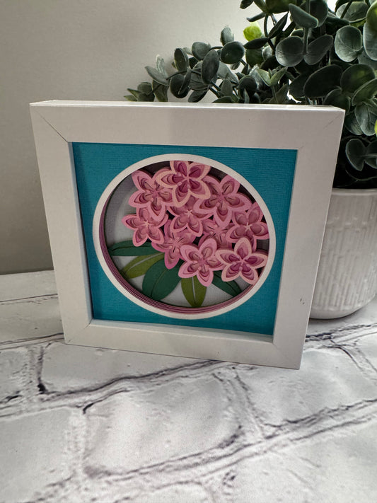 Rhododendron close up mini 3D paper art in a shadowbox