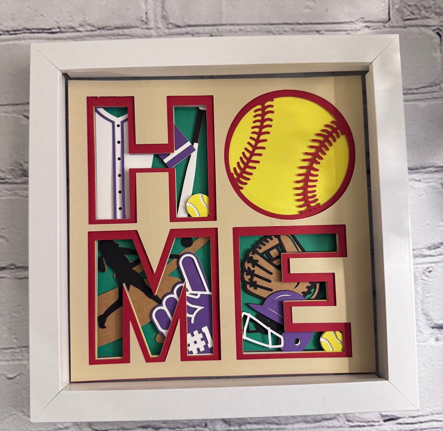 Home- Softball 3D paper art in a shadowbox