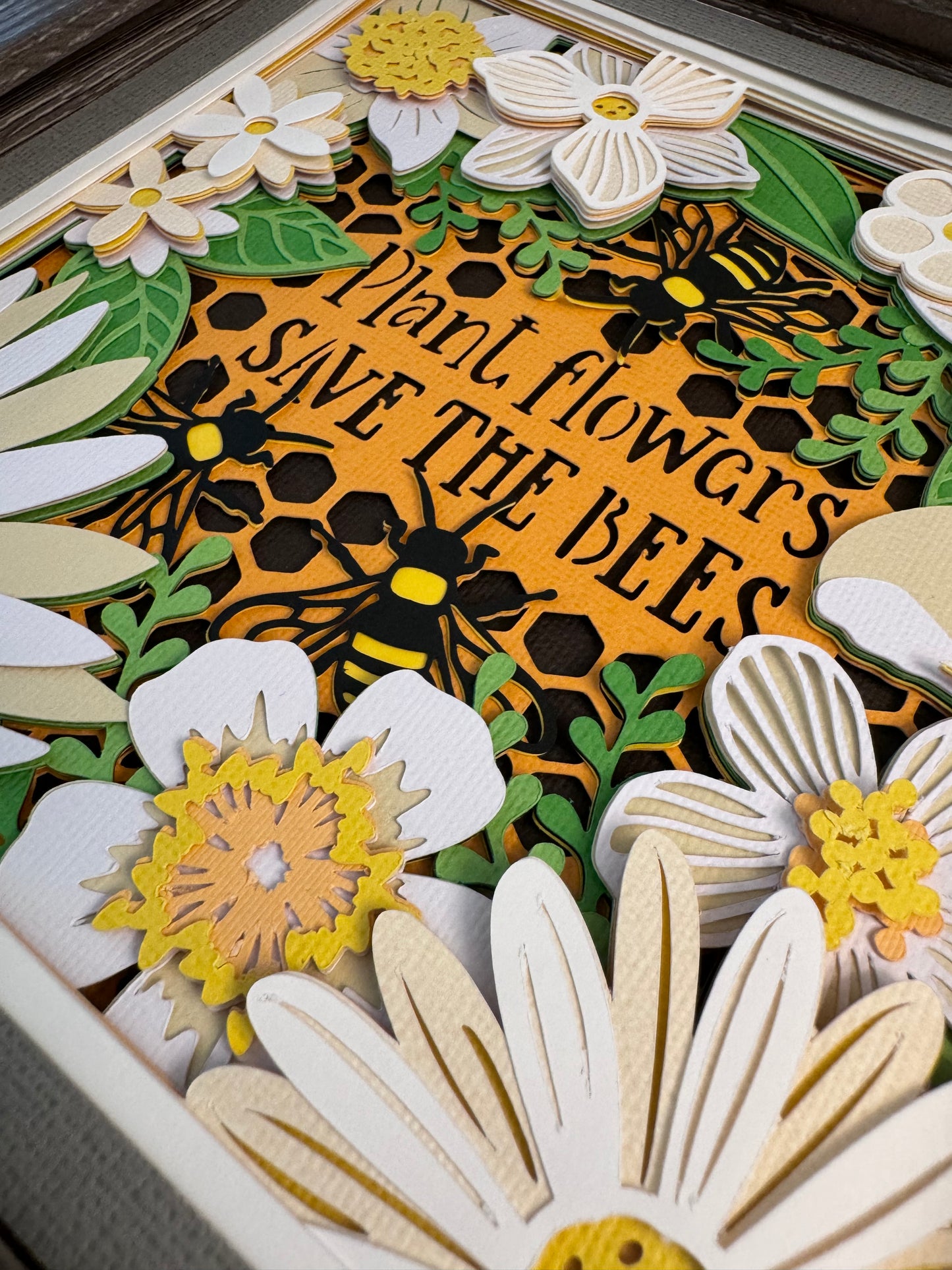 Plant flowers save the bees 3D paper art in a shadowbox