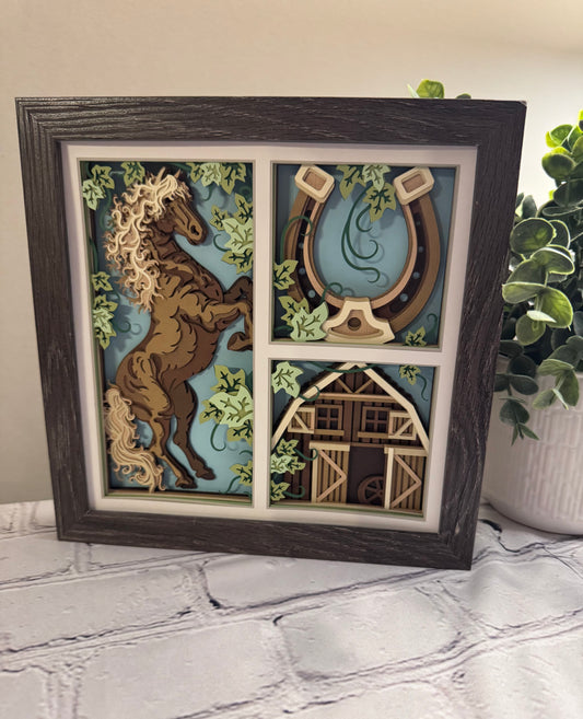 Horse with barn and horseshoe 3D paper art in a shadowbox