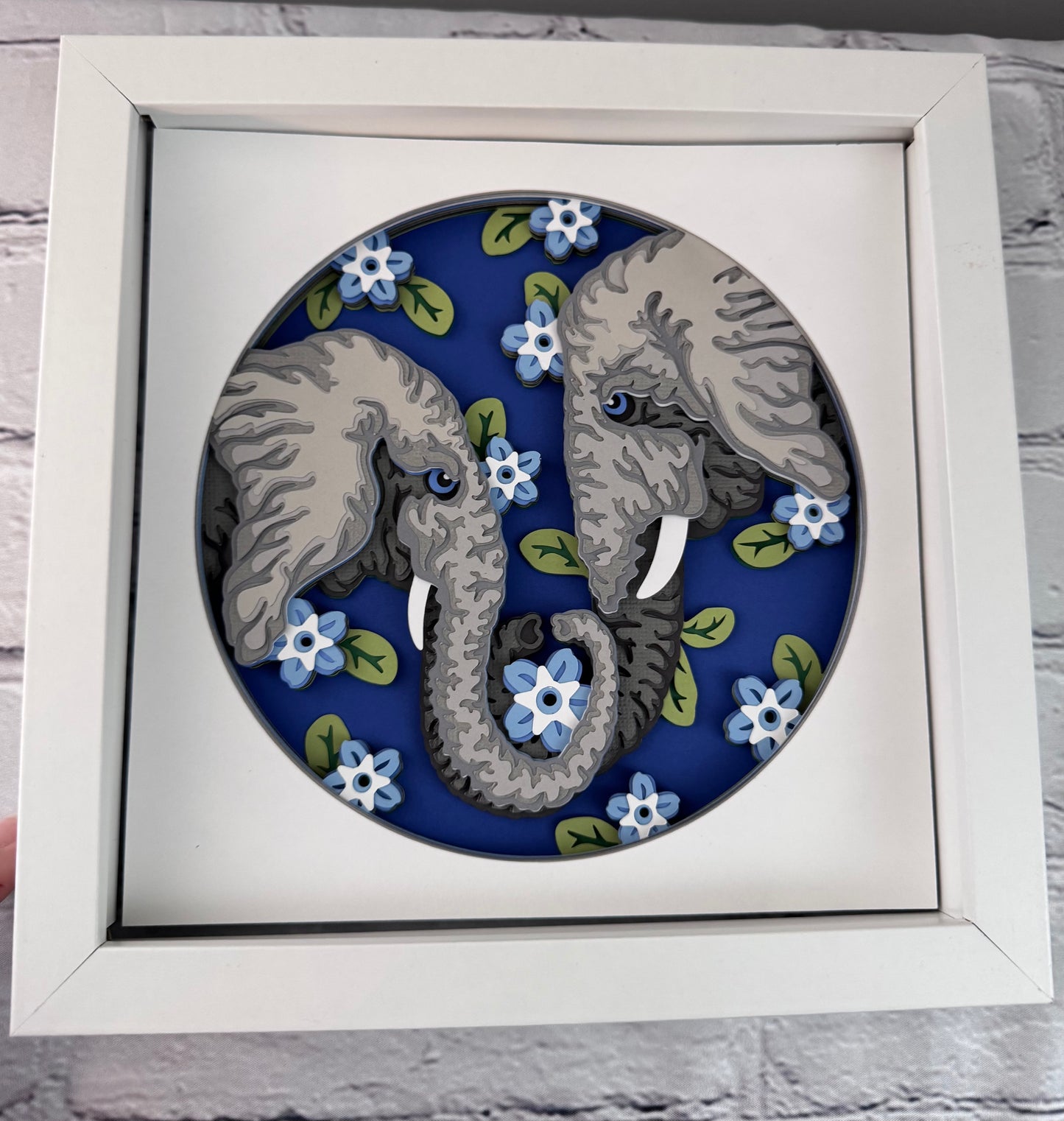 Elephant pair 3D paper art in a shadowbox