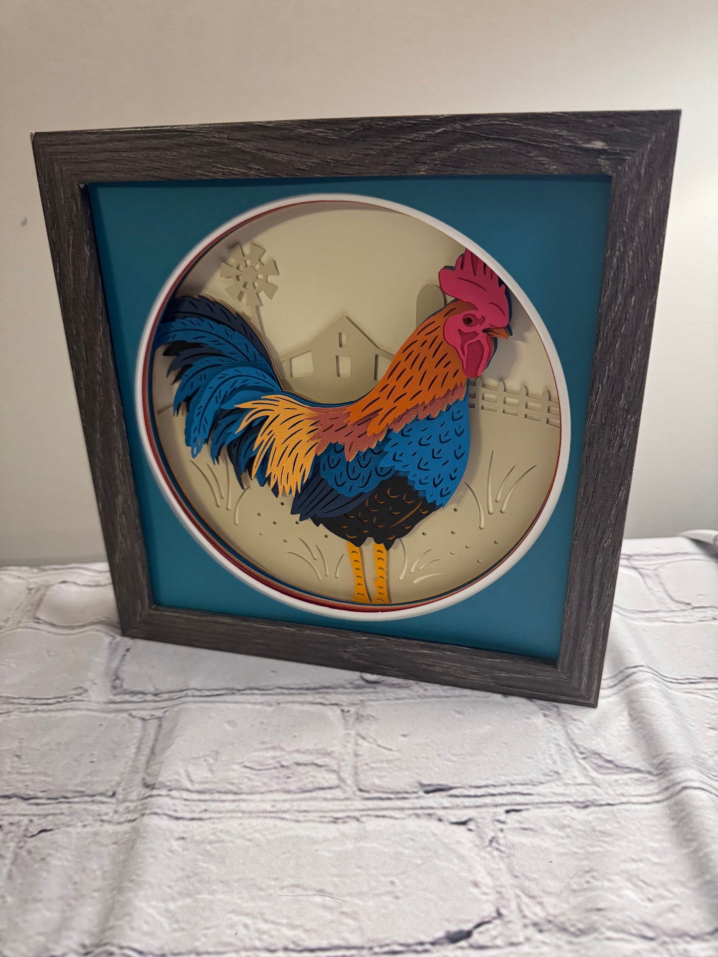 Rooster 3D paper art in a shadowbox