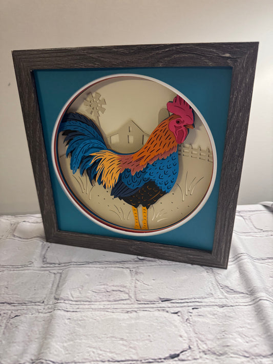 Rooster 3D paper art in a shadowbox