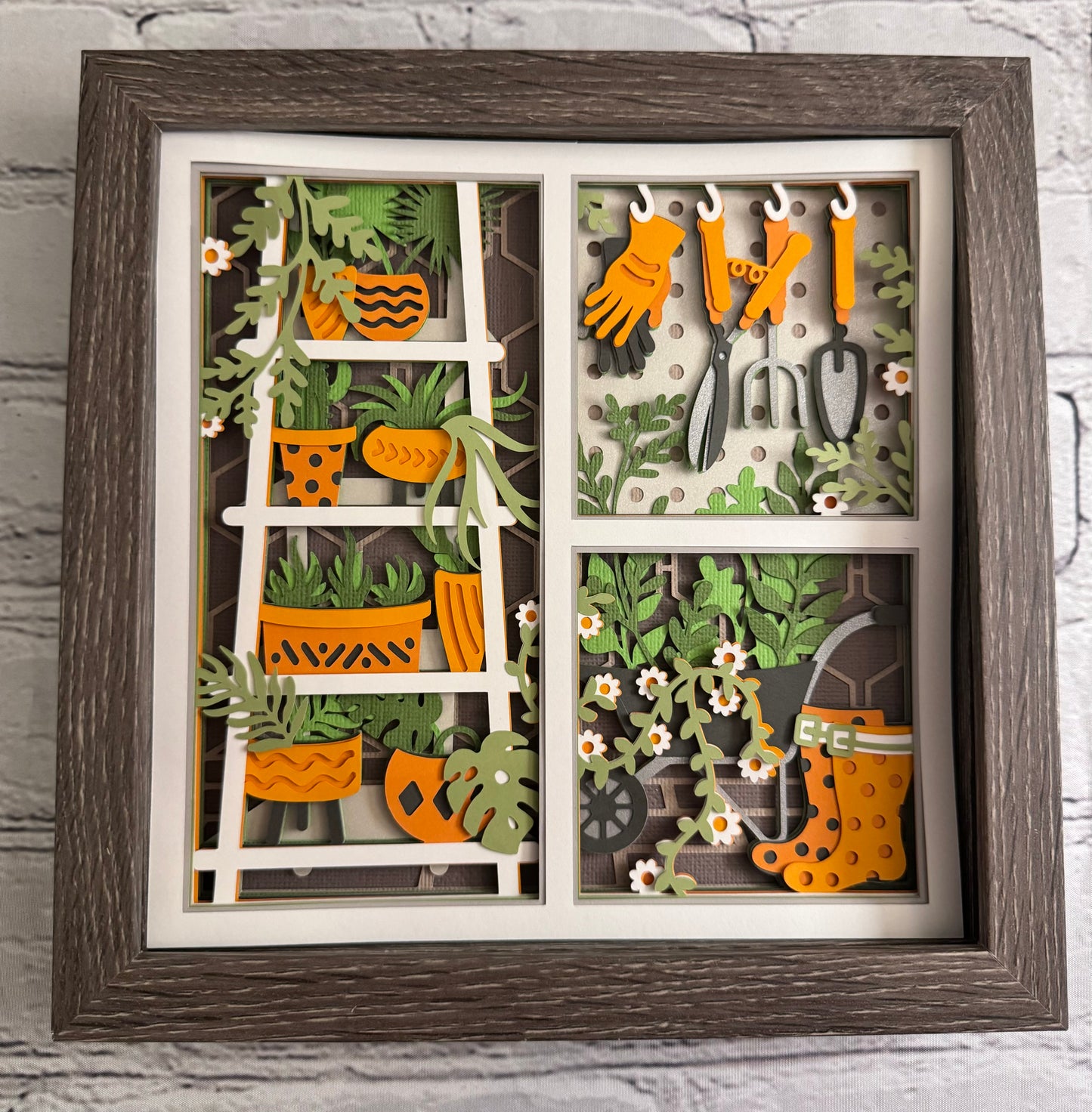 Gardening scene three panel 3D paper art in a shadowbox