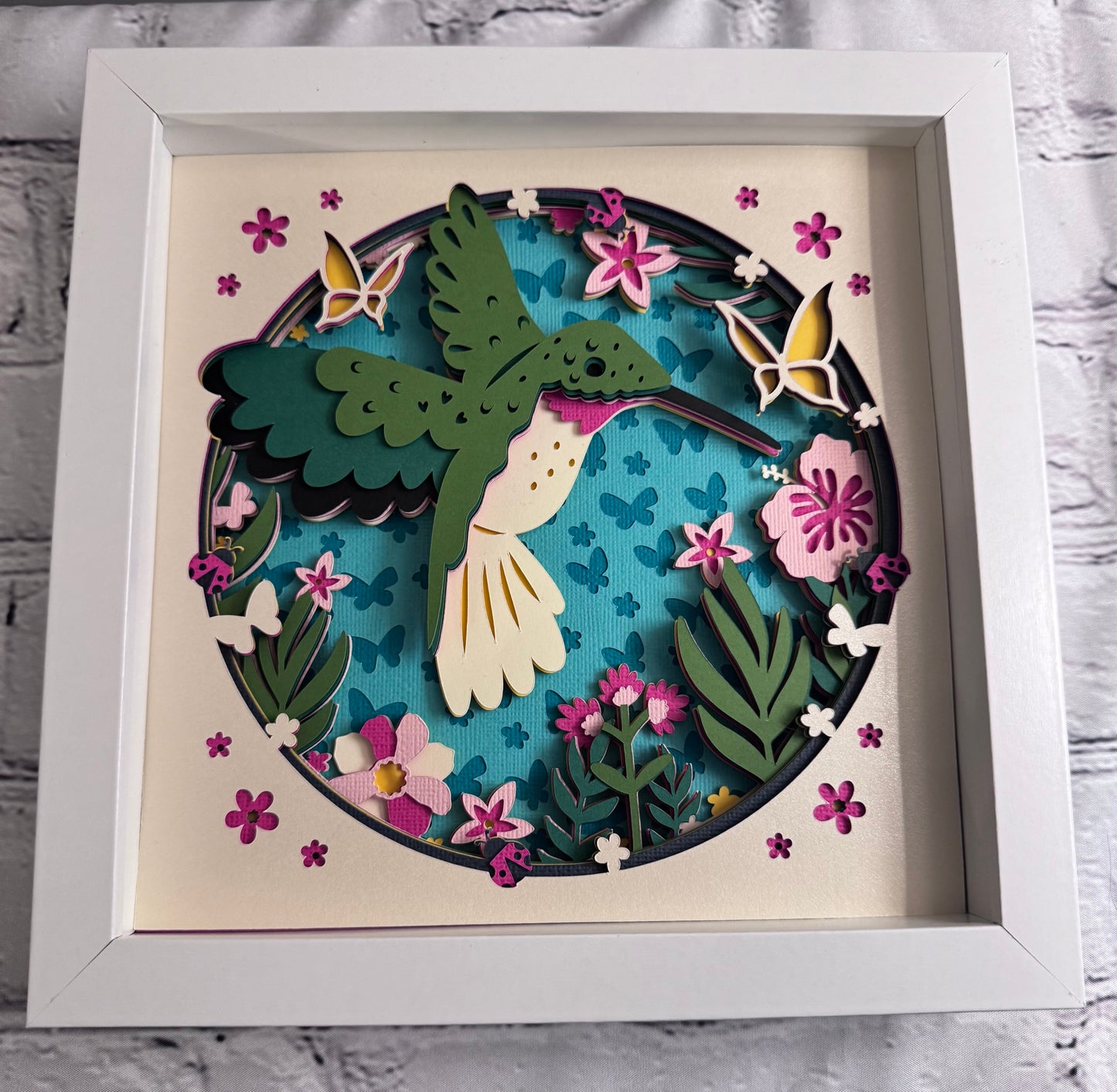Floral hummingbird 3D paper art in a shadowbox