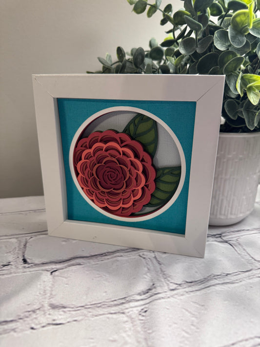 Camellia close up mini 3D paper art in a shadowbox