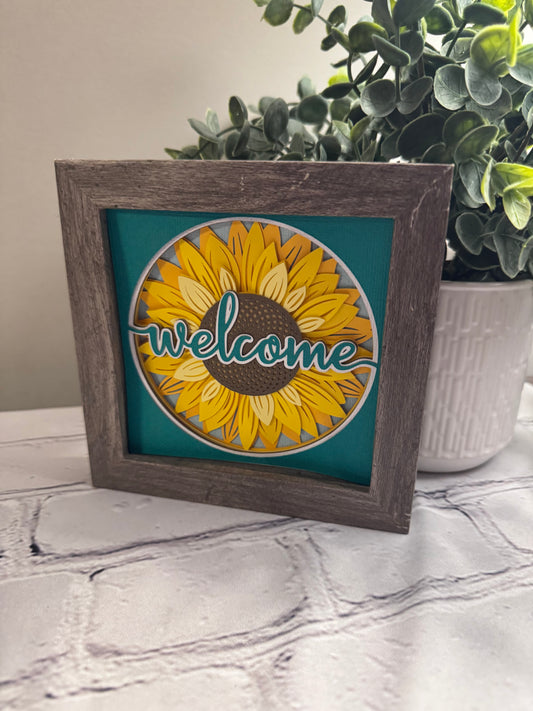 Welcome sunflower mini 3D paper art in a shadowbox