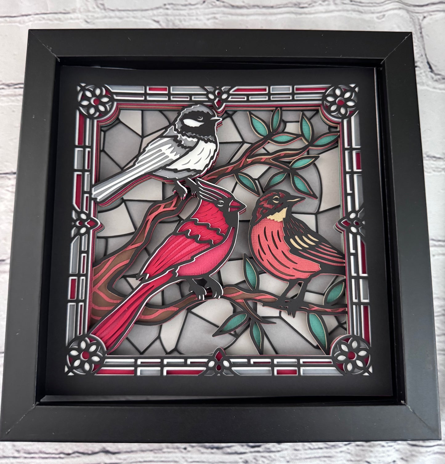 Stained glass redbird and flowers 3D paper art in a shadowbox