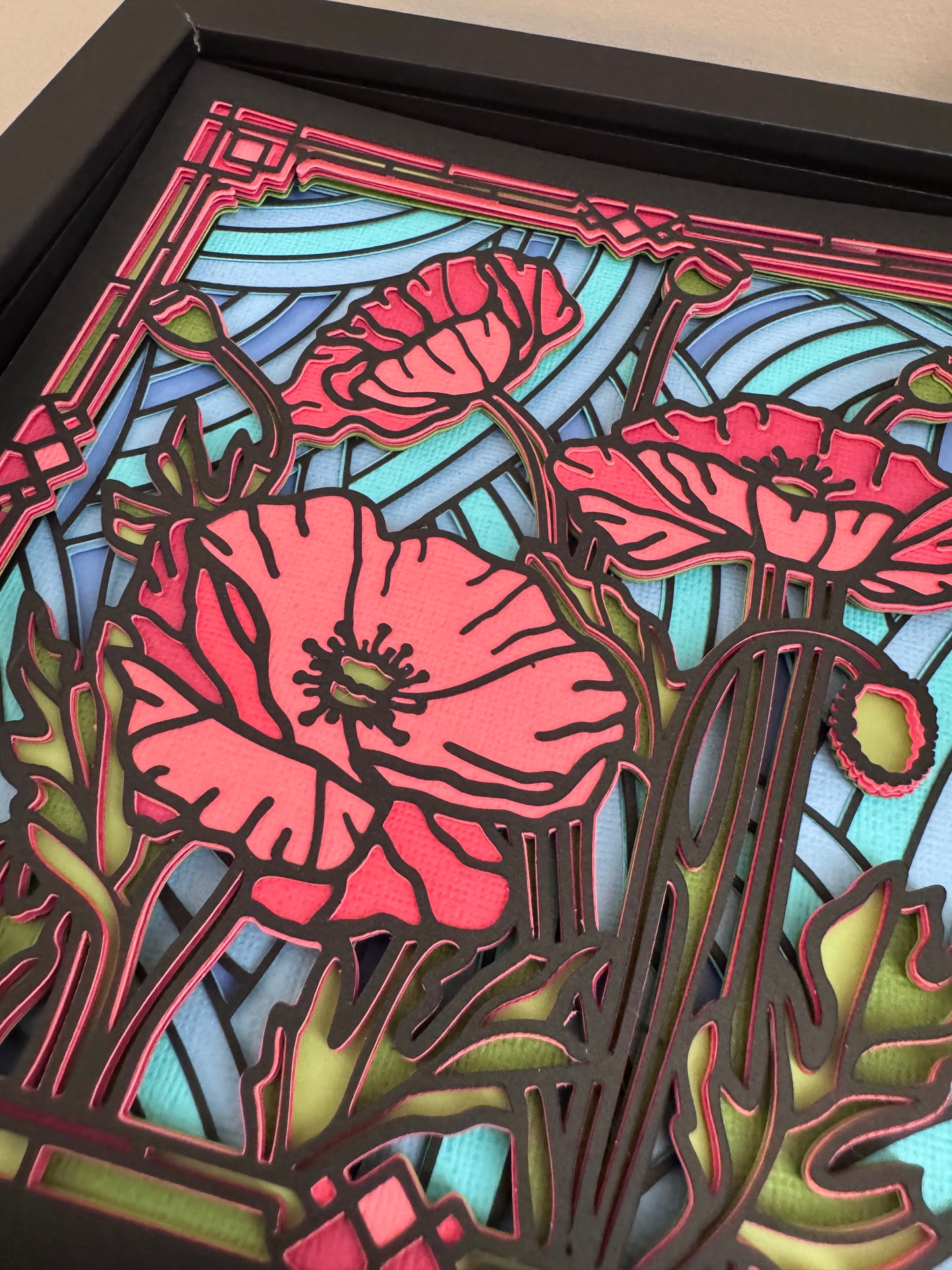 Stained glass poppies 3D paper art in a shadowbox