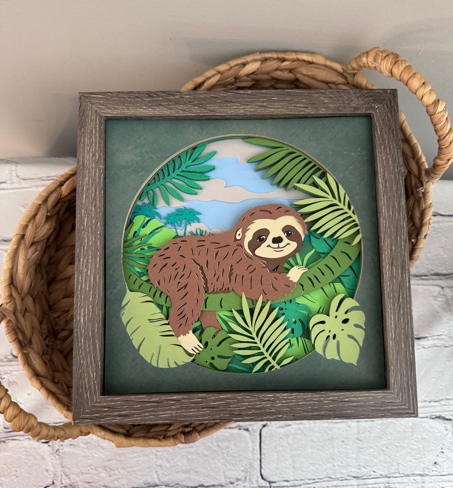 Sloth in the trees 3D paper art in a shadowbox