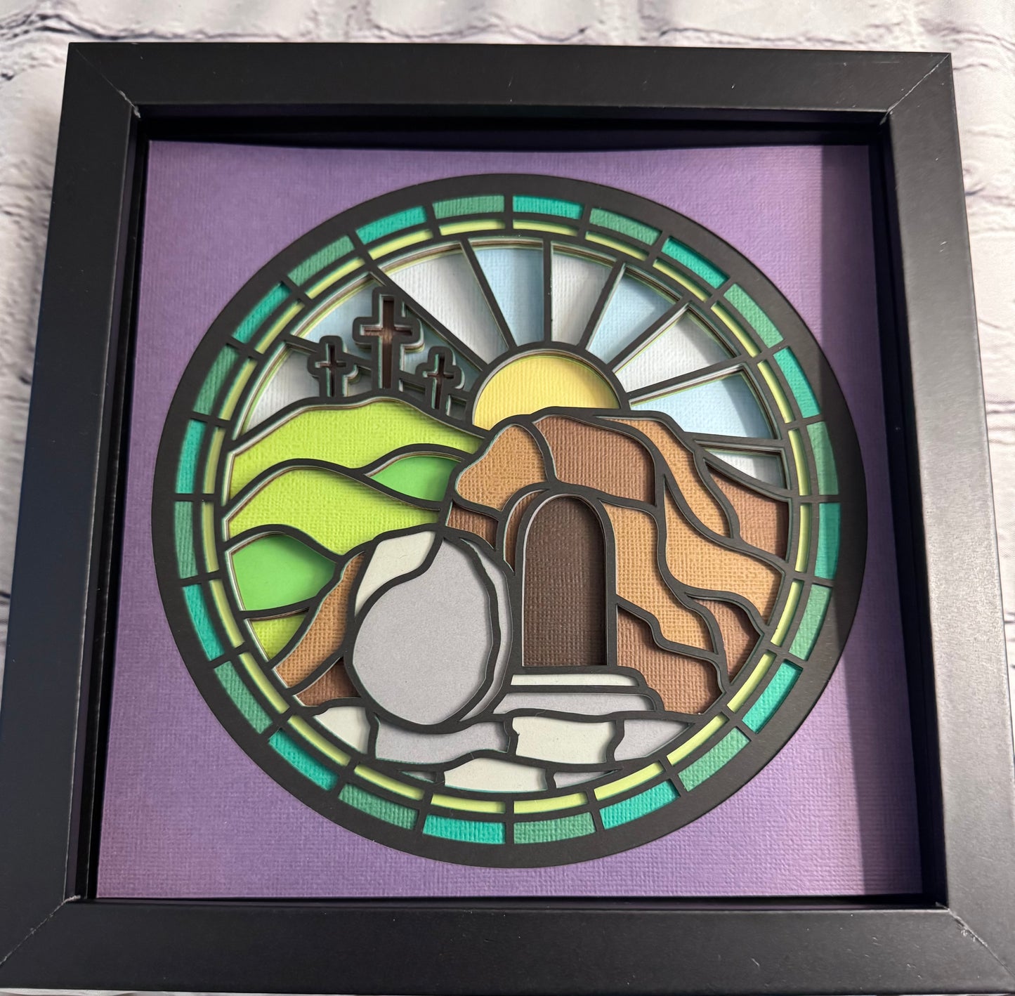 Stained glass empty tomb 3D paper art in a shadowbox