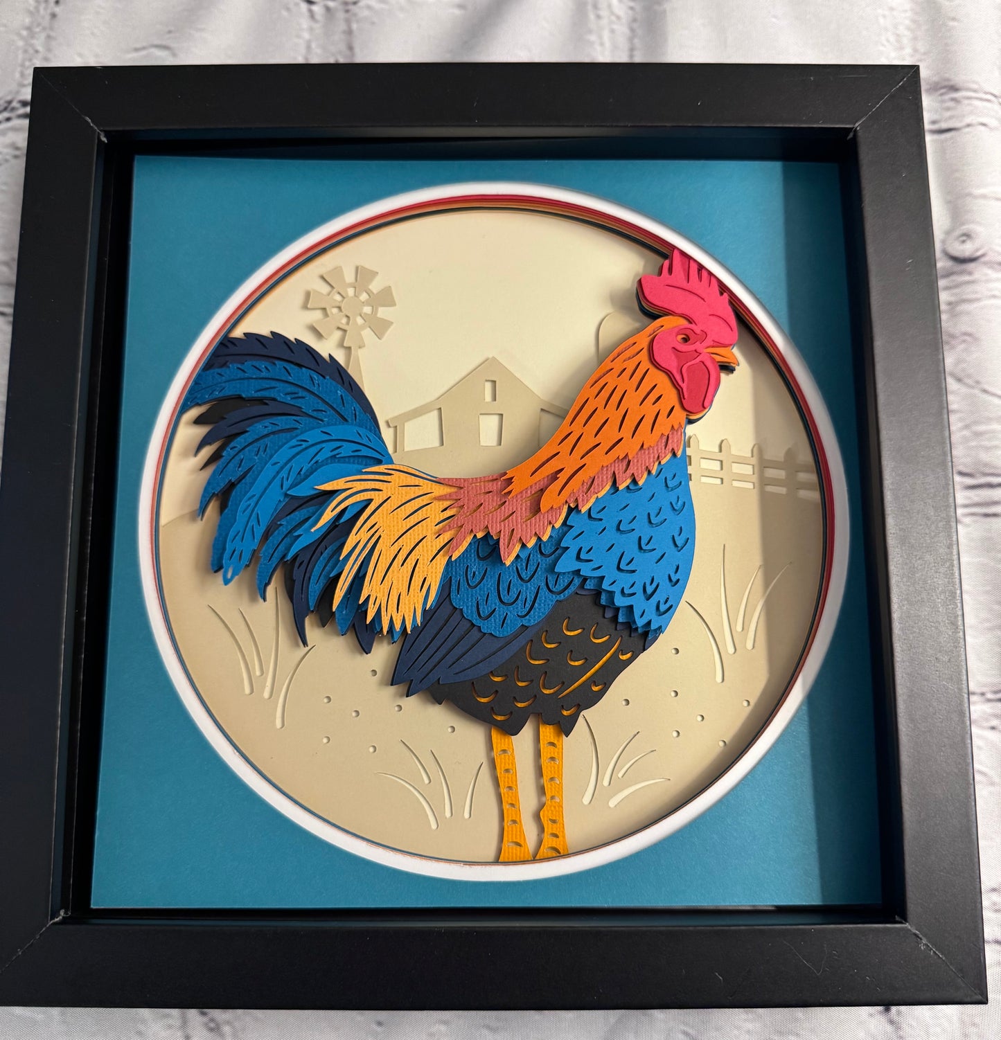 Rooster 3D paper art in a shadowbox