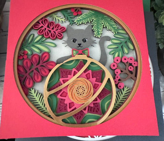 Cat on ornament 3D paper art in a shadowbox