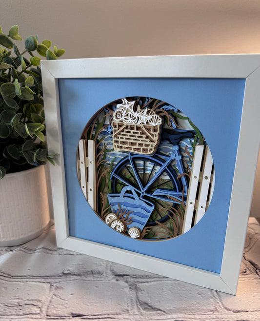 Beach bike and bag 3D paper art in a shadowbox