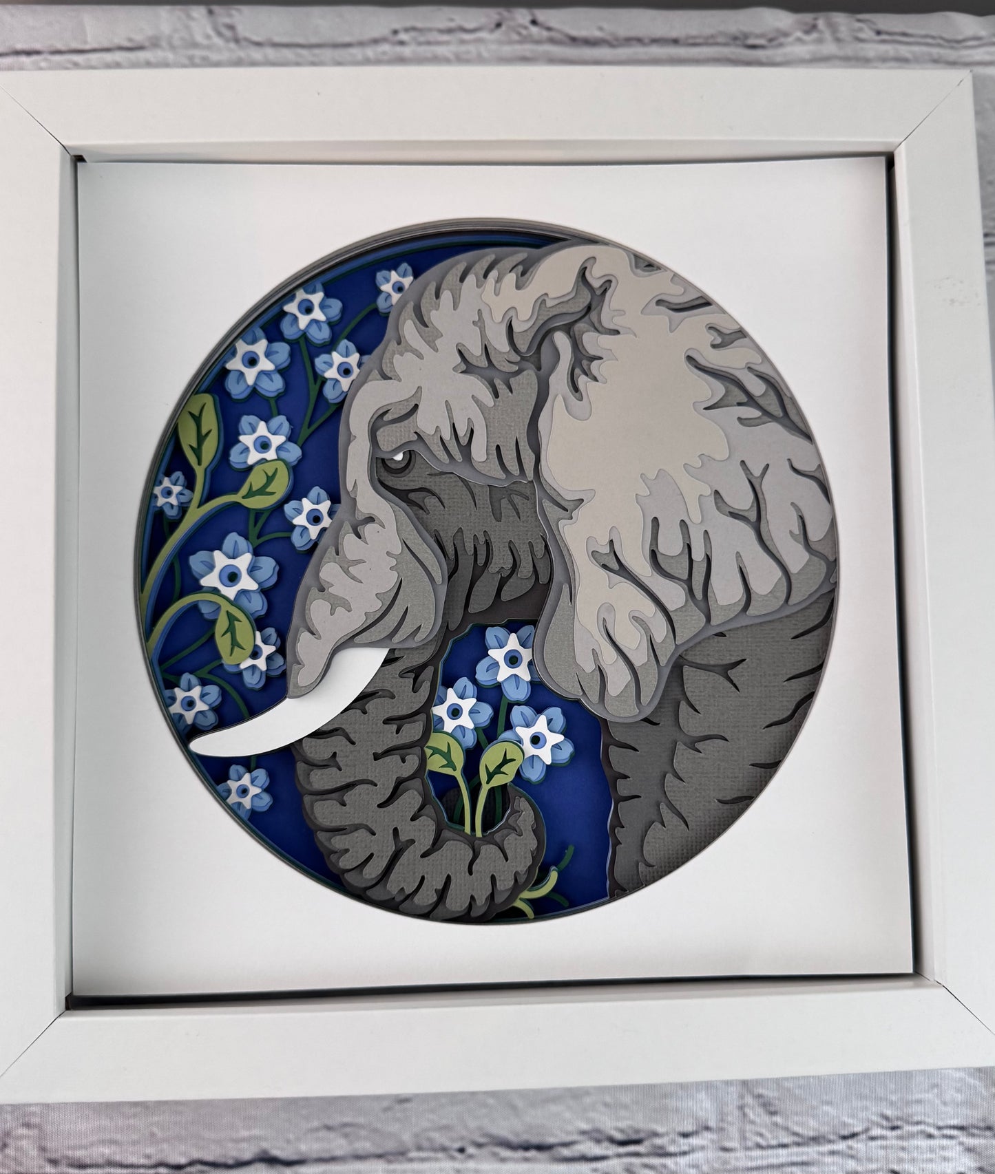 Elephant 3D paper art in a shadowbox