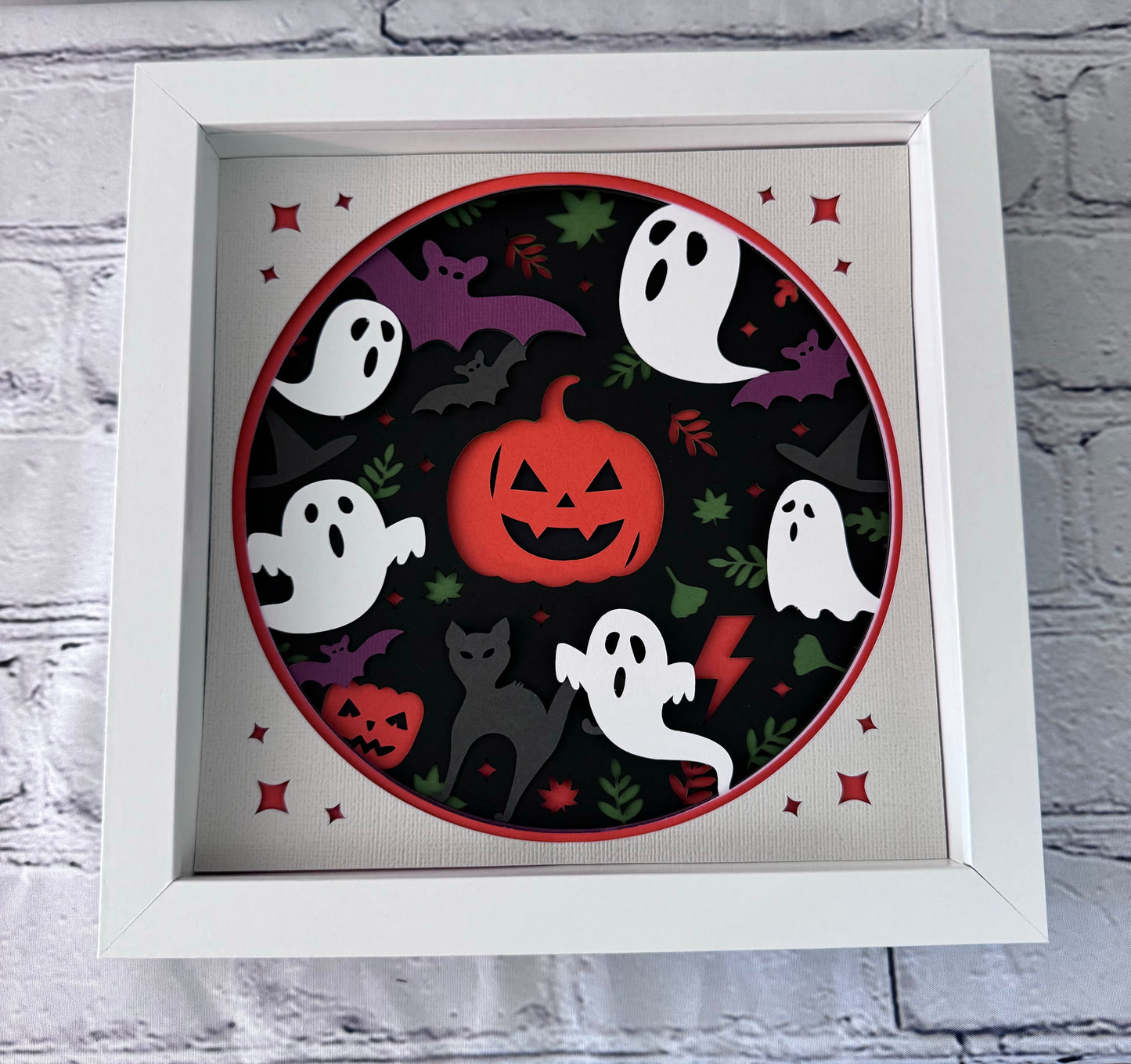 Pumpkin, ghost and bats design 3D paper art in a shadowbox