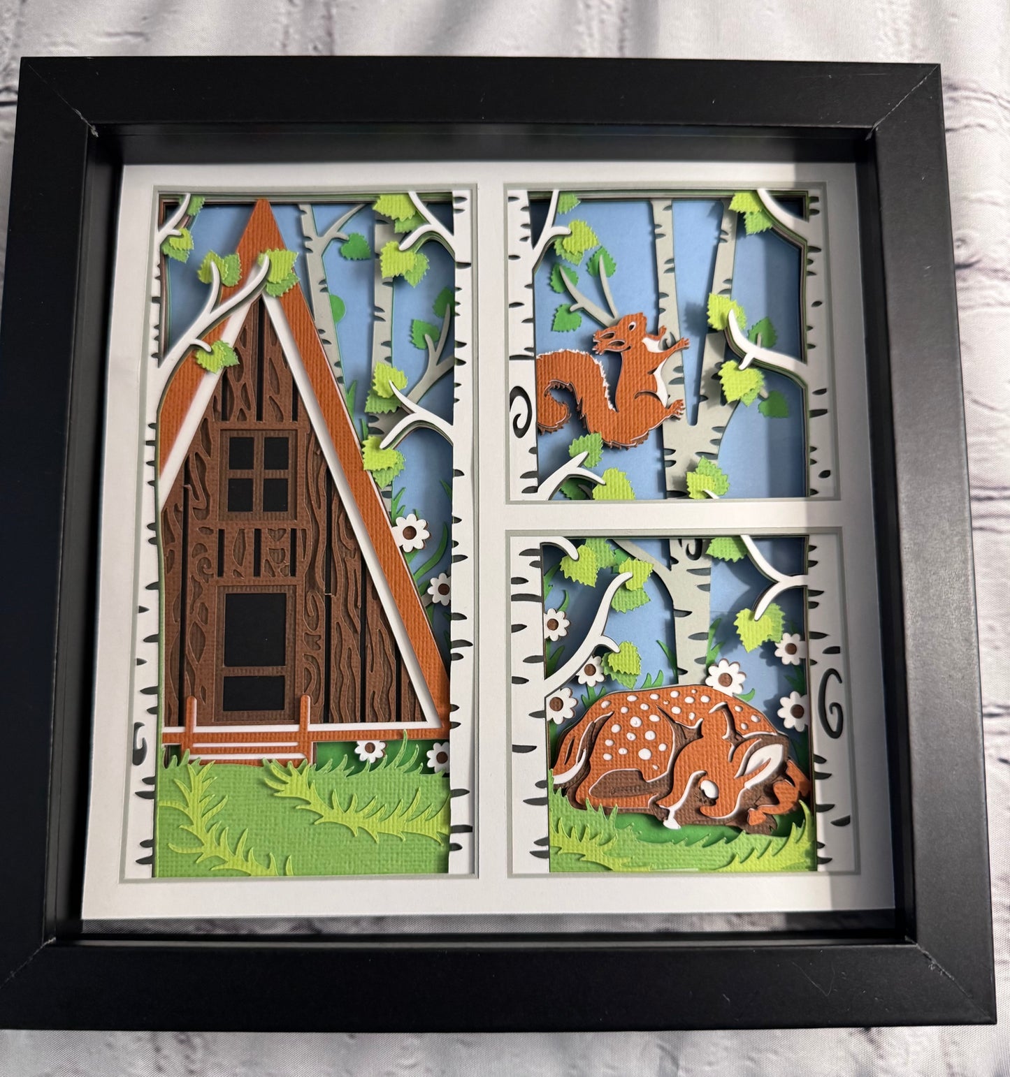 Spring cabin with fawn 3D paper art in a shadowbox