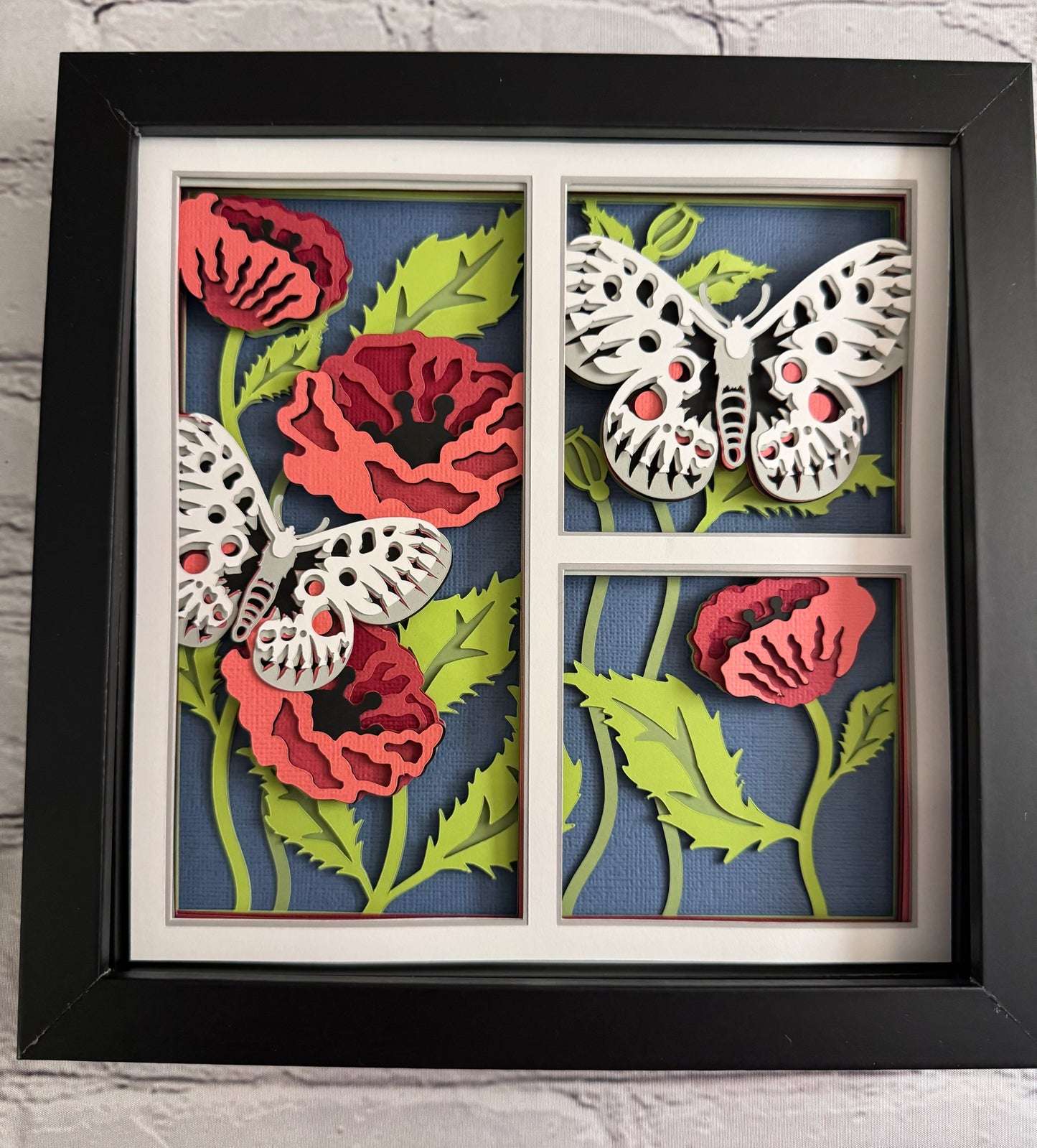 Butterfly 3 panel scene apollo butterfly 3D paper art in a shadowbox