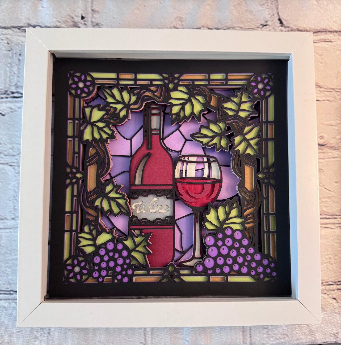 Stained glass wine 3D paper art in a shadowbox