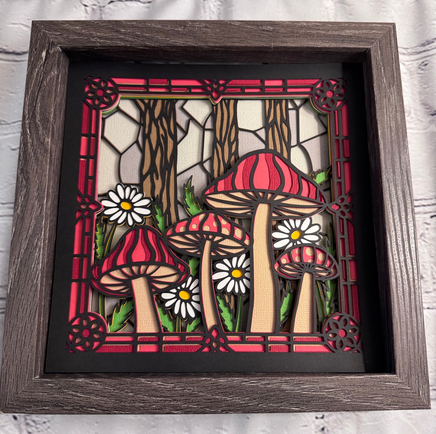 Stained glass mushroom forest 3D paper art in a shadowbox