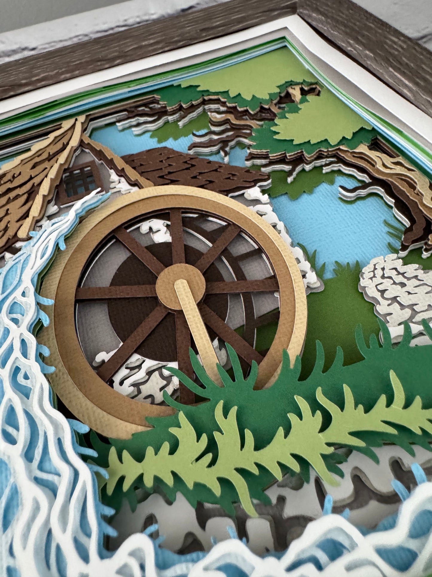 Gristmill with water wheel design 3D paper art in a shadowbox