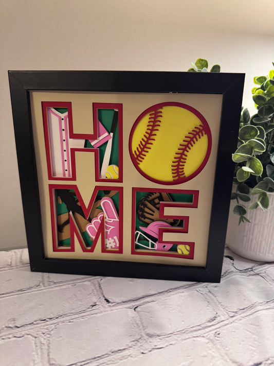 Home- Softball 3D paper art in a shadowbox