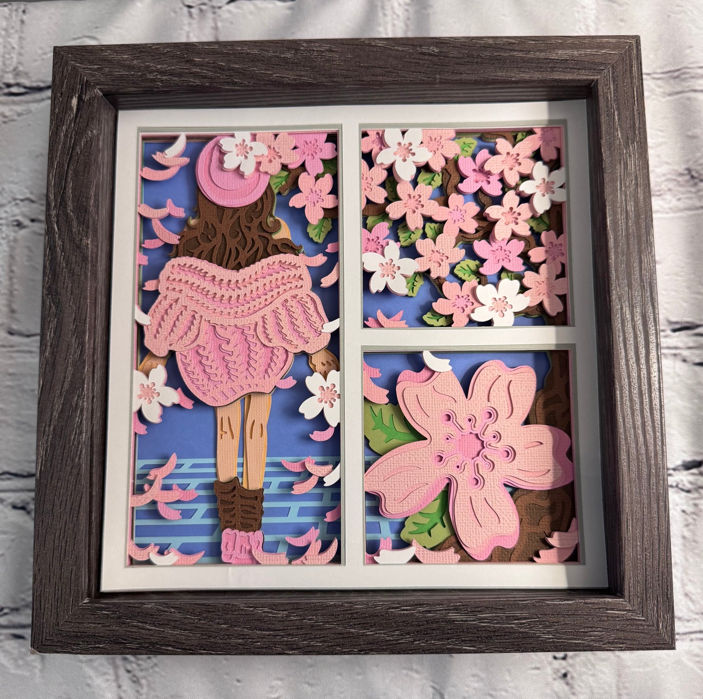 Spring girl with sweater 3D paper art in a shadowbox