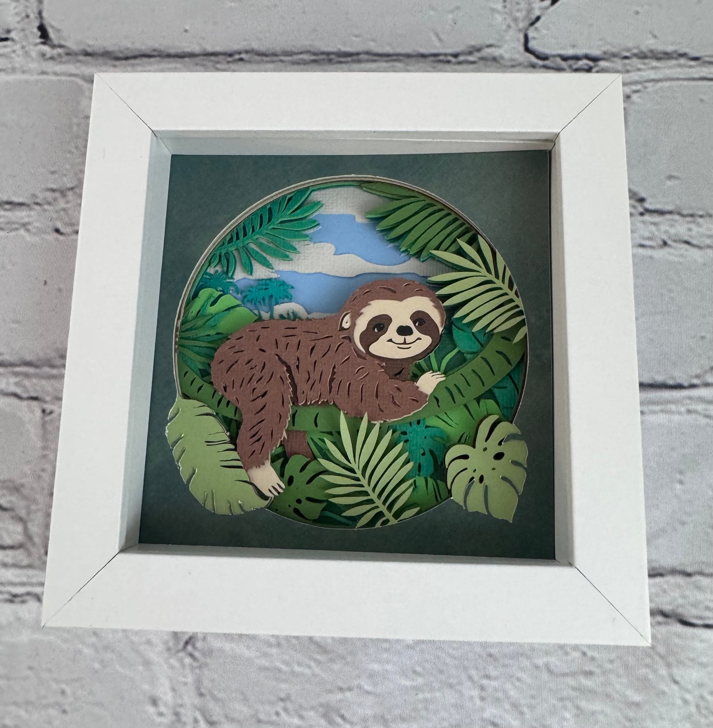 Sloth in the trees mini 3D paper art in a shadowbox