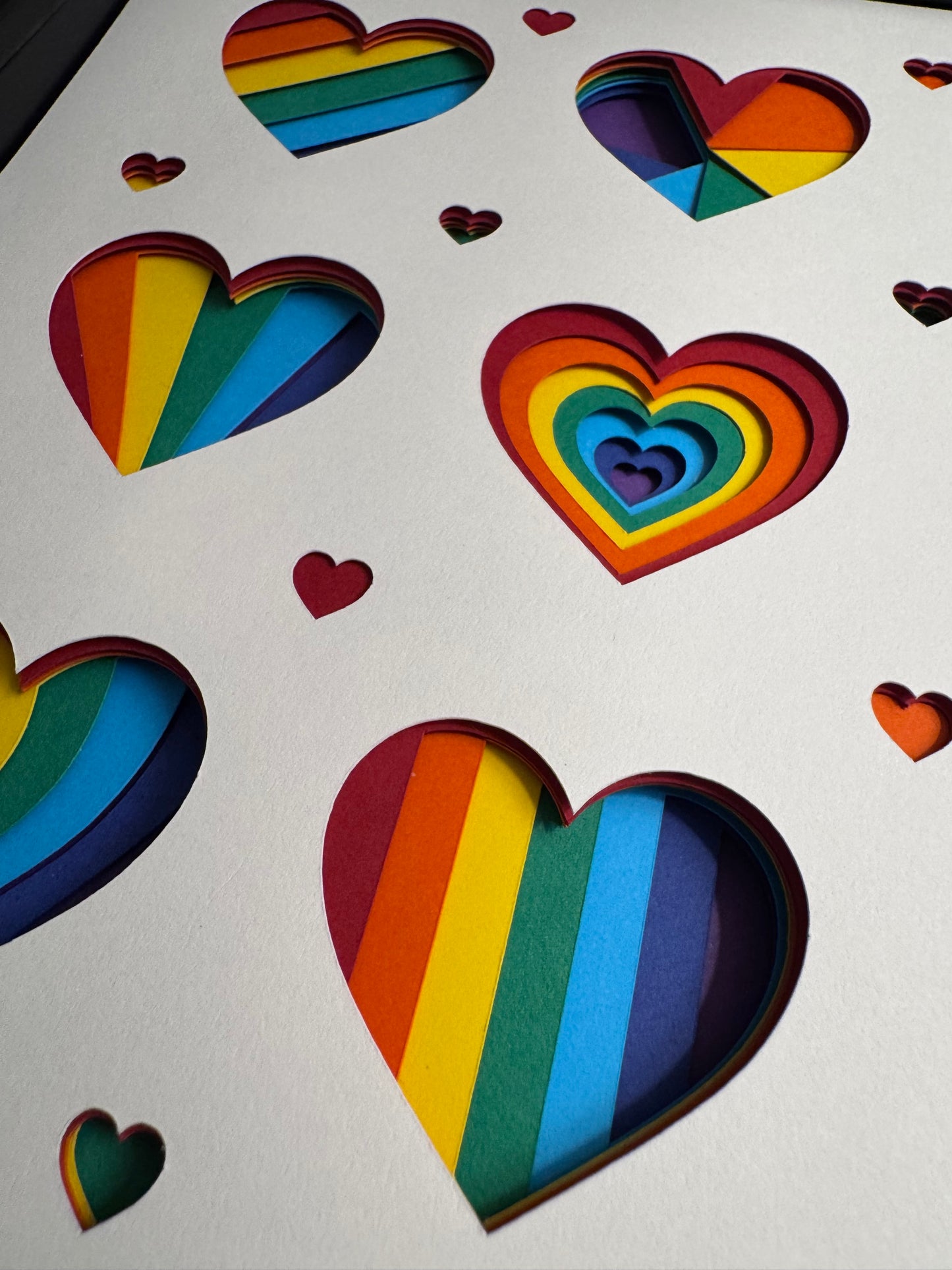 Rainbow hearts pride 3D paper art in a shadowbox