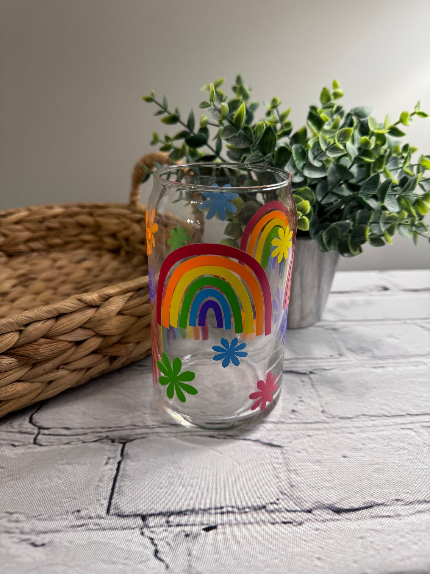 Rainbow-primary colors beer can glass