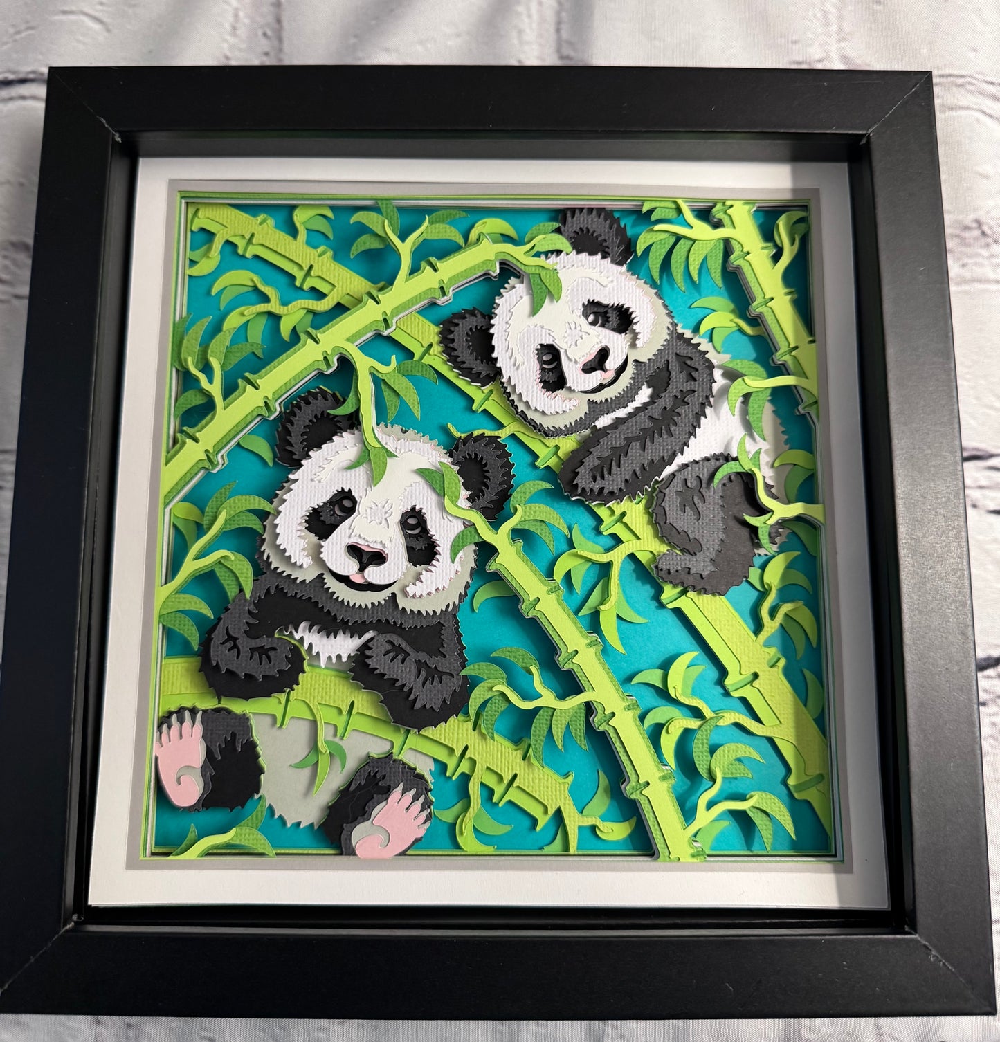 Pandas in bamboo 3D paper art shadowbox
