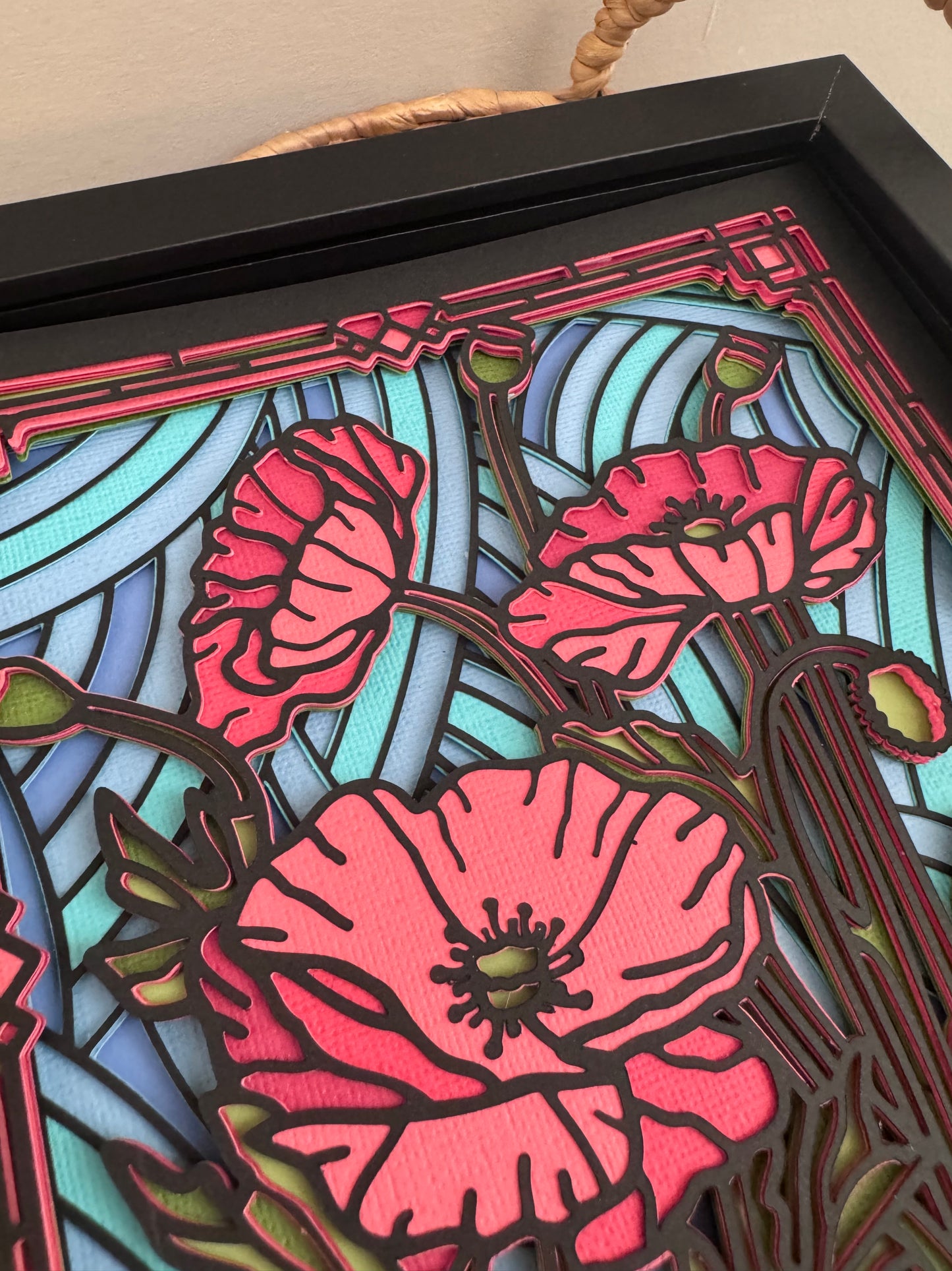 Stained glass poppies 3D paper art in a shadowbox