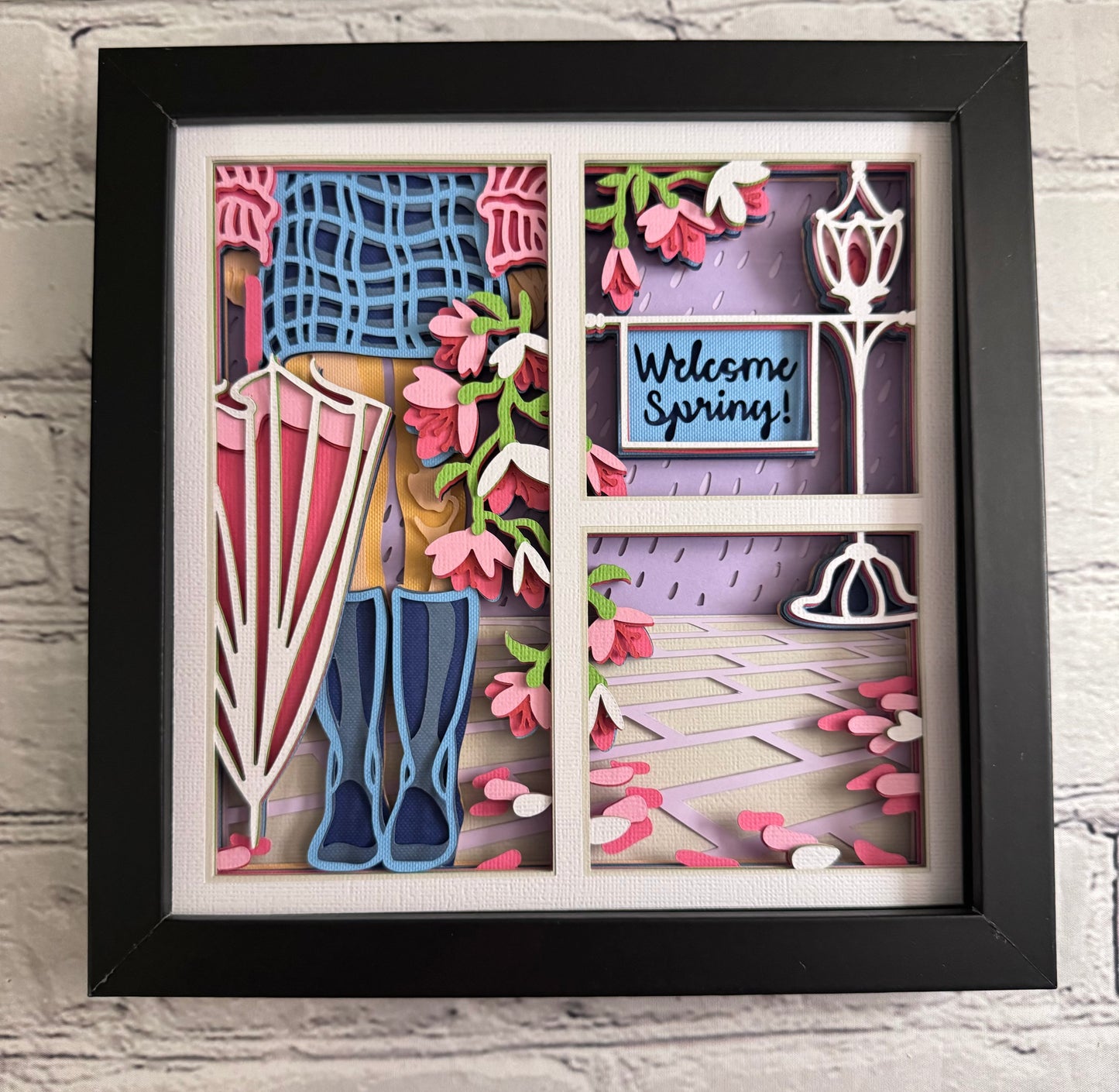 Spring girl with umbrella 3D paper art in a shadowbox
