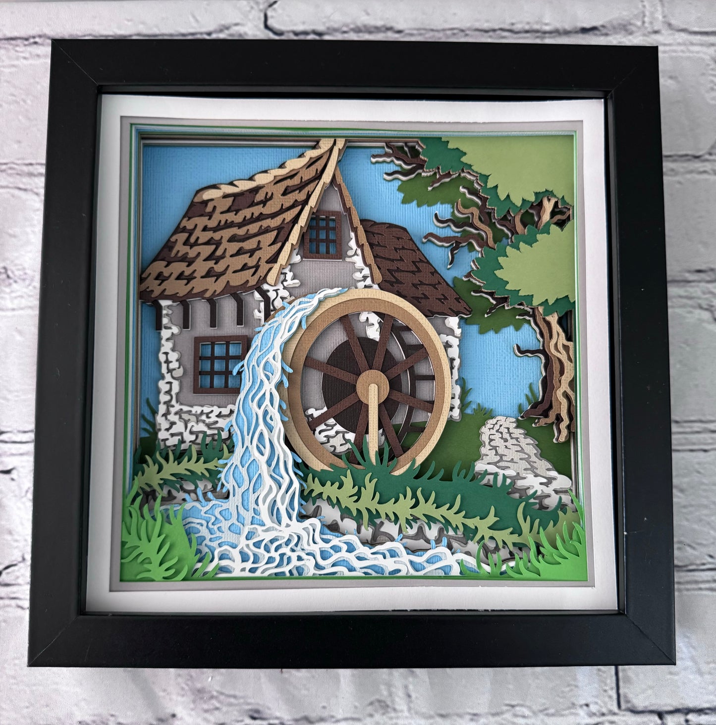 Gristmill with water wheel design 3D paper art in a shadowbox