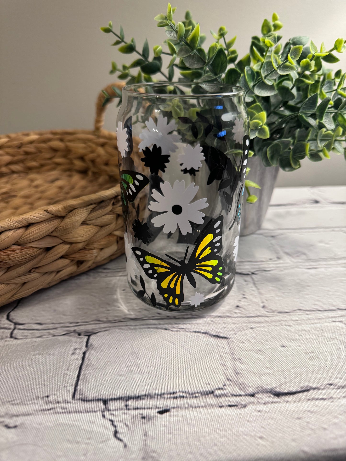 Holographic monarch butterfly beer can glass