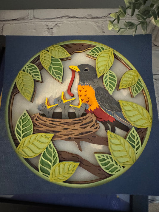 Robin with baby birds 3D paper art shadowbox