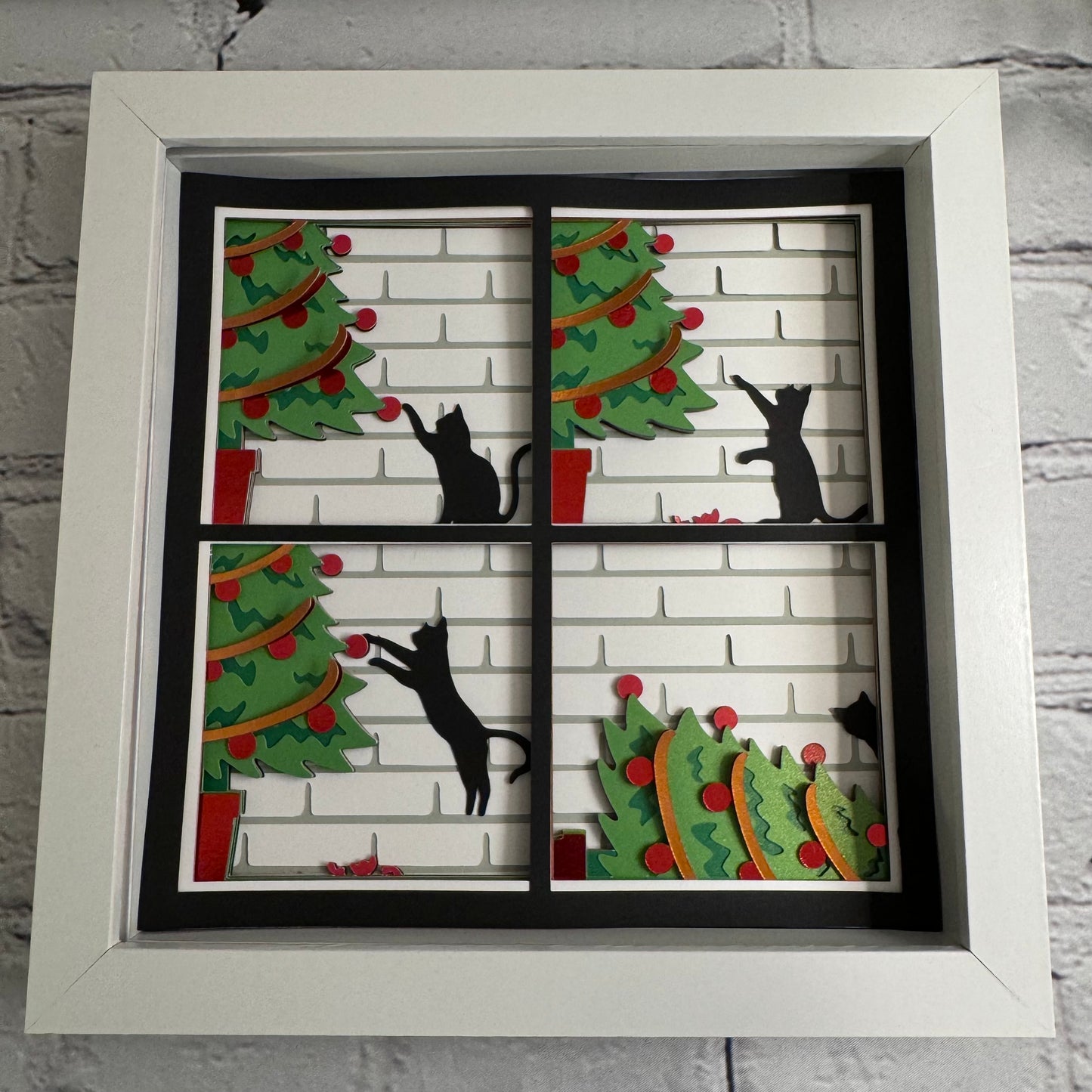 Crazy cat with Christmas tree mini 3D paper art shadowbox