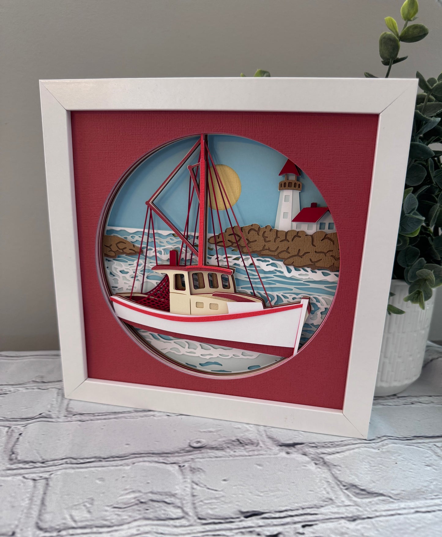 Fishing boat 3D paper art in a shadowbox
